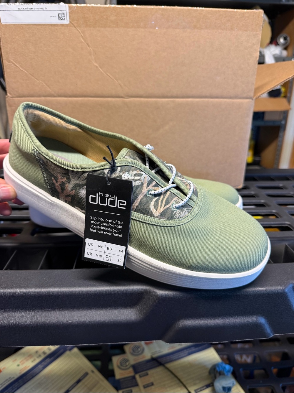 Hey Dude Olive Green Canvas Slip-On Sneakers with Camouflage Accent